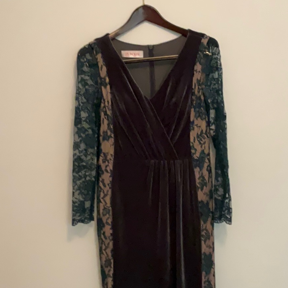 JJs House, NWT, slate blue velvet gown, with long lace sleeves